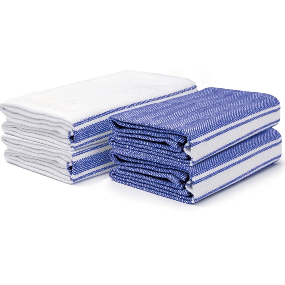 NEW Set 8 Kitchen Towels Salt Earth Cotton Blue White Herringbone